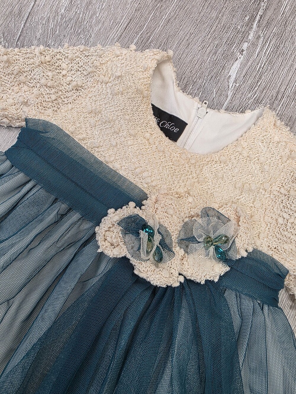 Isobella & Chloe Cream Bodice Teal Tulle Flower Dress
